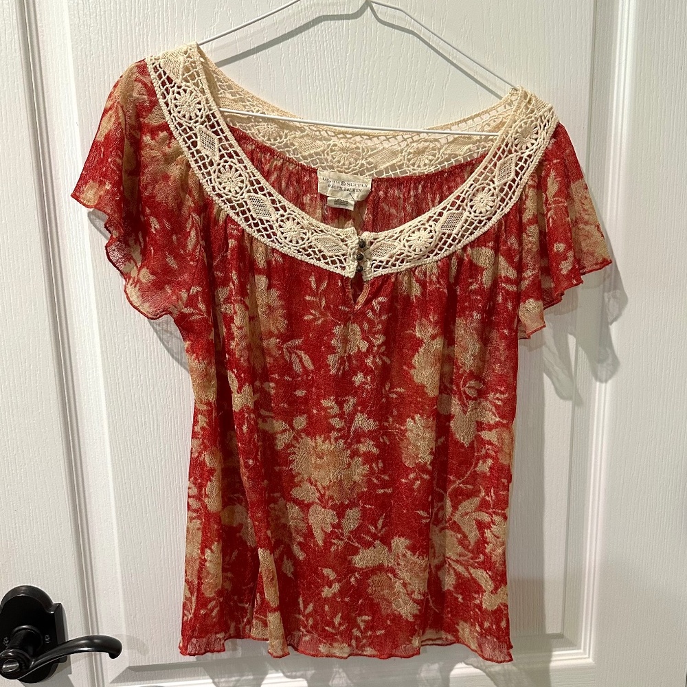 Denim & Supply Ralph Lauren Red and Ivory Floral Print Flutter Sleeve Top
